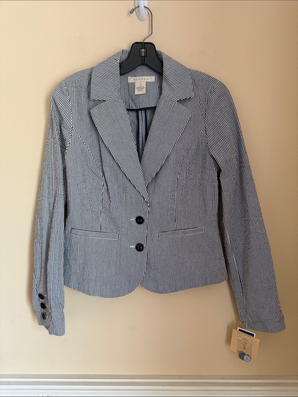 NWT Sandro Women's Navy and White Striped Blazer Size‎ Small